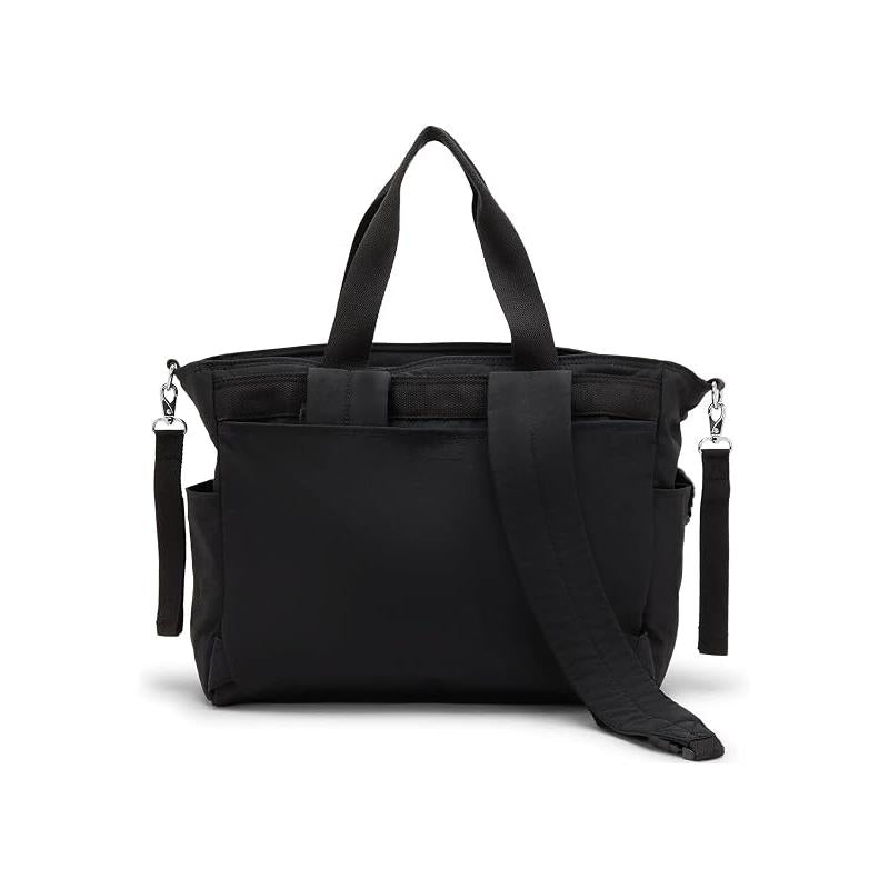 Convertible diaper backpack in Tiny Black Noir with dual handles and a detachable strap, designed for baby gear storage.