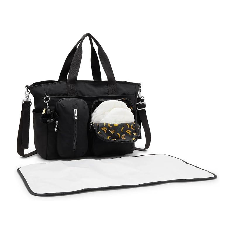Convertible diaper backpack in Tiny Black Noir with exterior pockets and a changing mat. Contains diapers and a keychain.