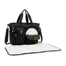 Convertible diaper backpack in Tiny Black Noir with exterior pockets and a changing mat. Contains diapers and a keychain.