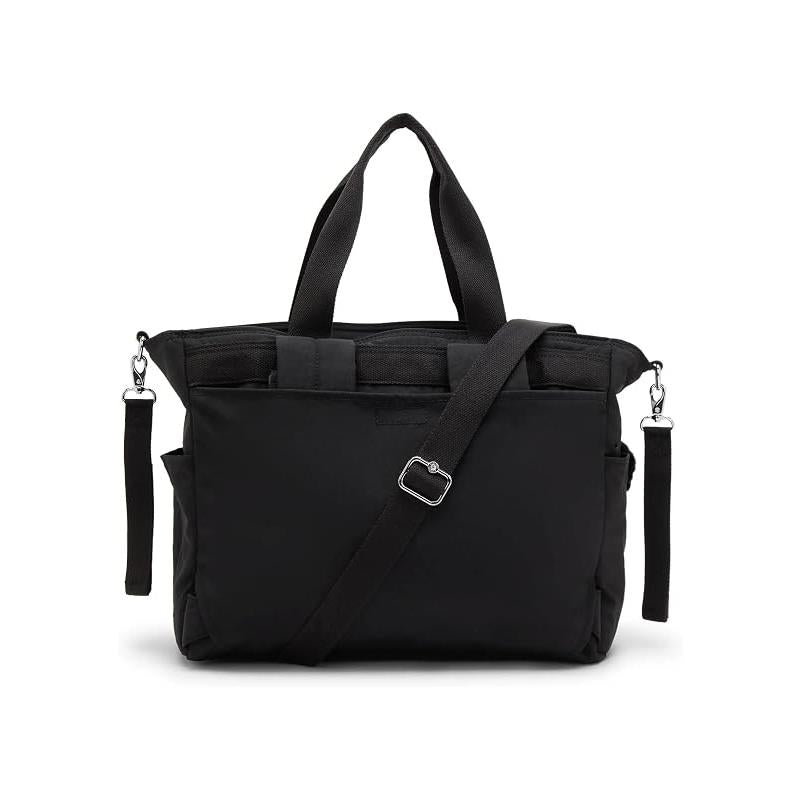 Black convertible diaper backpack with dual top handles and adjustable shoulder strap, designed for stylish baby gear organization.