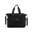 Black convertible diaper backpack with dual top handles and adjustable shoulder strap, designed for stylish baby gear organization.