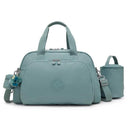 Kipling Camama Diaper Bag in Tiny Green Air, featuring a main compartment, top handles, and a side pocket with a pouch.