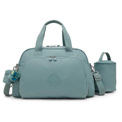 Kipling Camama Diaper Bag in Tiny Green Air, featuring a main compartment, top handles, and a side pocket with a pouch.