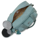 Kipling Camama Diaper Bag in Tiny Green Air with an open zipper revealing a banana-patterned interior and a decorative keychain.