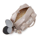 Kipling Camama Diaper Bag in Tiny Metallic Glow with a banana-patterned lining and a charm, featuring a detachable insulated pouch.