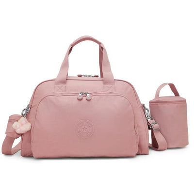 Kipling Camama diaper bag in Tiny Smoky Blush, featuring dual handles, a detachable shoulder strap, and a side pouch.