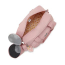 Kipling Camama Diaper Bag in Tiny Smoky Blush with a banana-patterned interior and a pom-pom charm.