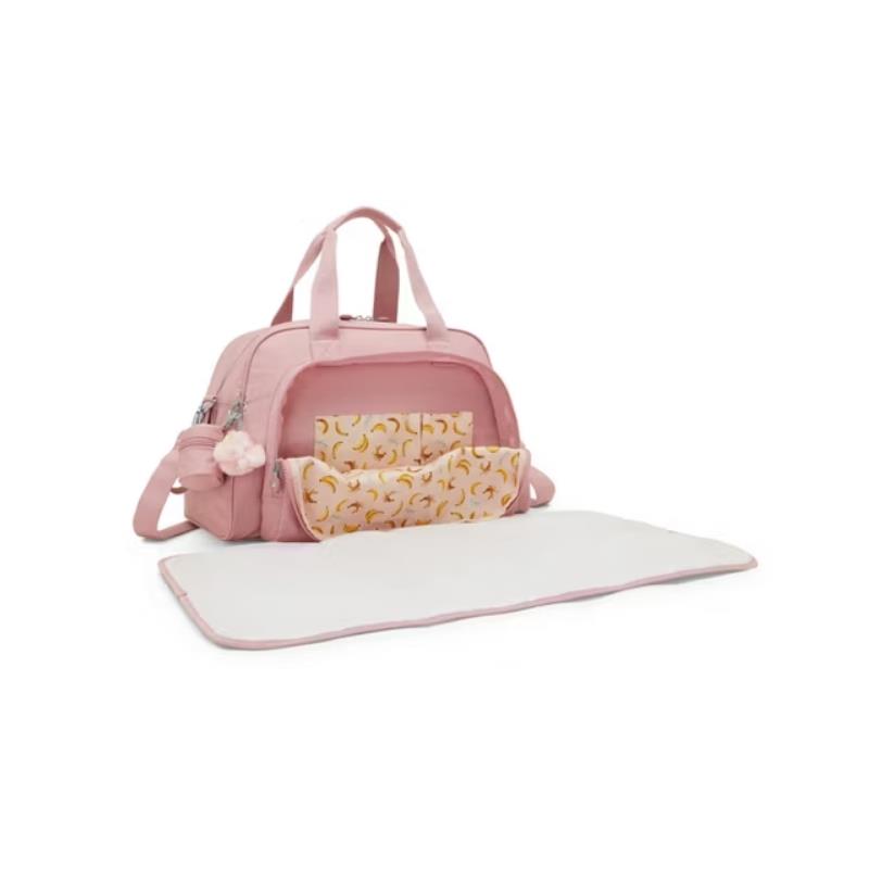 Kipling Camama diaper bag in Tiny Smoky Blush with a changing mat, featuring a zippered compartment and patterned inserts.