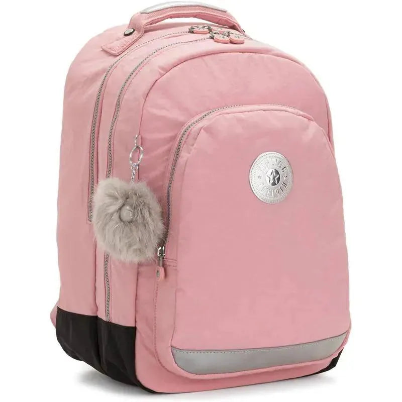 Kids Class Room Backpack in Bridal Rose, featuring a plush pom-pom keychain and a silver logo, with a black bottom.