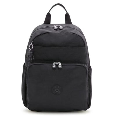 Kipling Maisie Diaper Backpack in Black Noir, featuring dual zippered compartments and a signature logo on the front pocket.