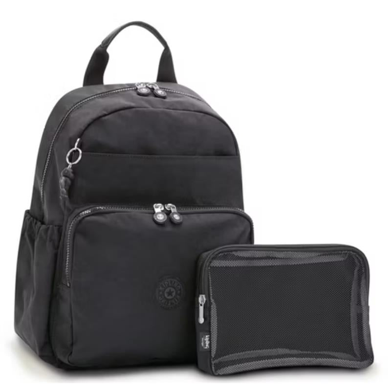 Kipling Maisie Diaper Backpack in Black Noir, featuring zippered compartments and a matching pouch for storage.