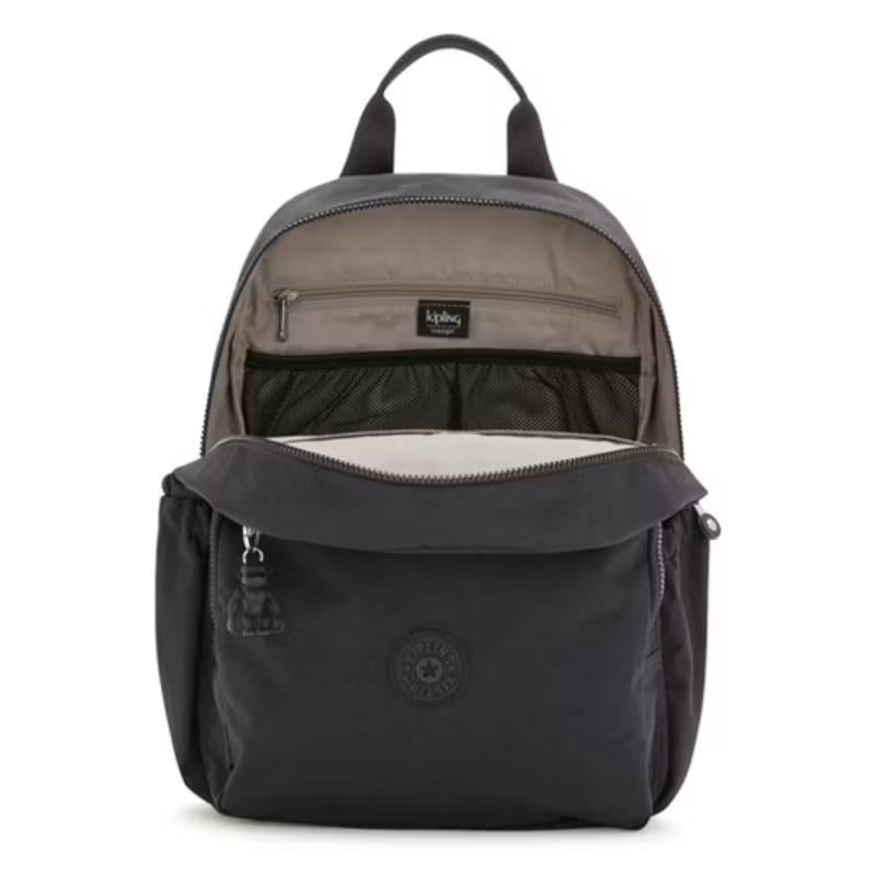 Black Kipling Maisie Diaper Backpack opened to display interior compartments and mesh pockets.