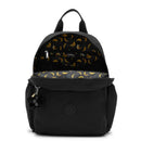 Kipling Maisie Diaper Backpack in Tiny Black Noir, featuring a zippered opening that reveals a patterned interior with bananas.