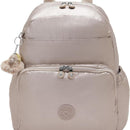 Kipling Maisie Diaper Backpack in Tiny Metallic Glow with a soft beige finish and a monkey keychain.