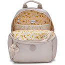 Kipling Maisie Diaper Backpack in Tiny Metallic Glow with banana-patterned lining and a fluffy monkey keychain attached.