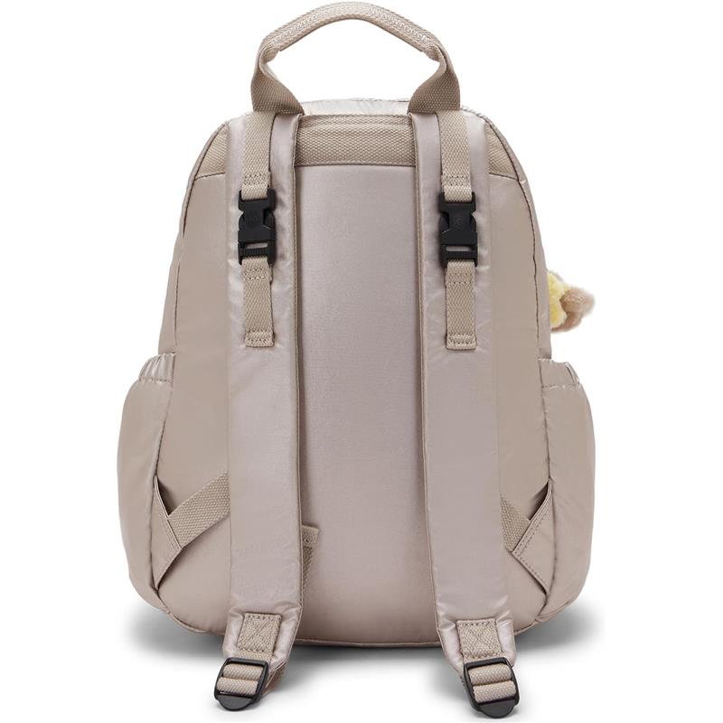 Kipling Maisie Diaper Backpack in Tiny Metallic Glow, featuring a textured beige exterior and adjustable straps.