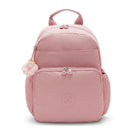 Kipling Maisie Diaper Backpack in Tiny Smoky Blush, featuring a front pocket and a fluffy charm.