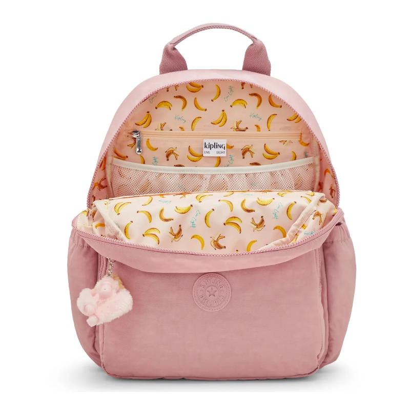 Kipling Maisie Diaper Backpack in Tiny Smoky Blush, featuring a whimsical banana-patterned interior and plush keychain.