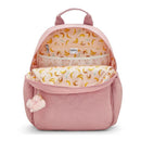 Kipling Maisie Diaper Backpack in Tiny Smoky Blush, featuring a whimsical banana-patterned interior and plush keychain.