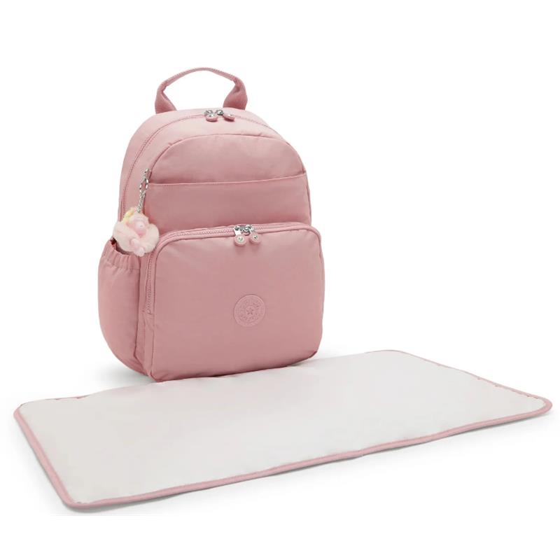 Kipling Maisie diaper backpack in Tiny Smoky Blush color, featuring a front pocket and a changing mat.