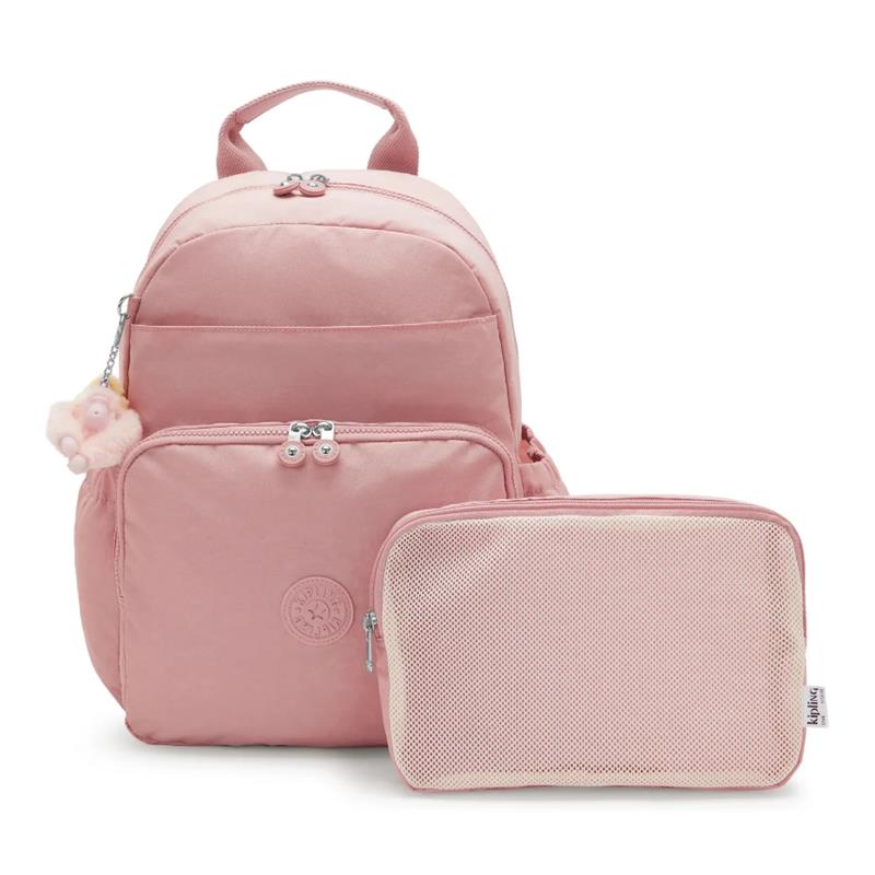 Kipling Maisie diaper backpack in Tiny Smoky Blush with a matching pink mesh pouch, featuring a cute charm.