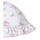 Reversible floppy hat with a carousel and unicorn print, featuring a ruffled brim and colorful heart designs.