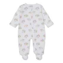 Kissy Kissy Fun On the Farm Zip Footie featuring a farm-themed print with animals, barns, and trees on a white background.