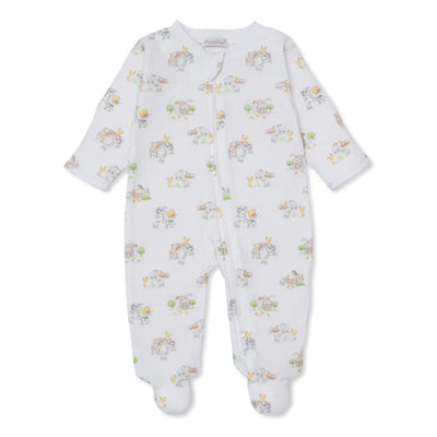 Kissy Kissy Fun On the Farm Zip Footie featuring a farm-themed print with animals, barns, and trees on a white background.