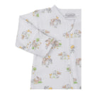 Kissy Kissy Fun On the Farm zip footie featuring a farm animal print, including cows, horses, and chickens, on a white background.