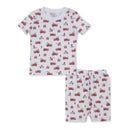 Short-sleeve white pajama set featuring firefighter-themed prints of red fire trucks and characters.