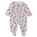 Kissy Kissy Love Brave Firefighters StretchFlex Zip Footie features a playful firefighter pattern, including fire trucks and firefighters.