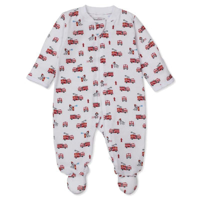 Kissy Kissy Love Brave Firefighters StretchFlex Zip Footie features a playful firefighter pattern, including fire trucks and firefighters.
