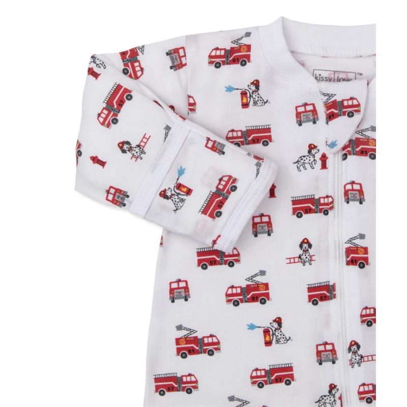 Kissy Kissy Love Brave Firefighters StretchFlex Zip Footie featuring a playful print of fire trucks and dalmatian puppies.