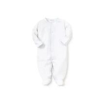 White footie for baby boys with blue dots print, featuring long sleeves and footed design.