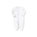 White footie for baby boys with blue dots print, featuring long sleeves and footed design.