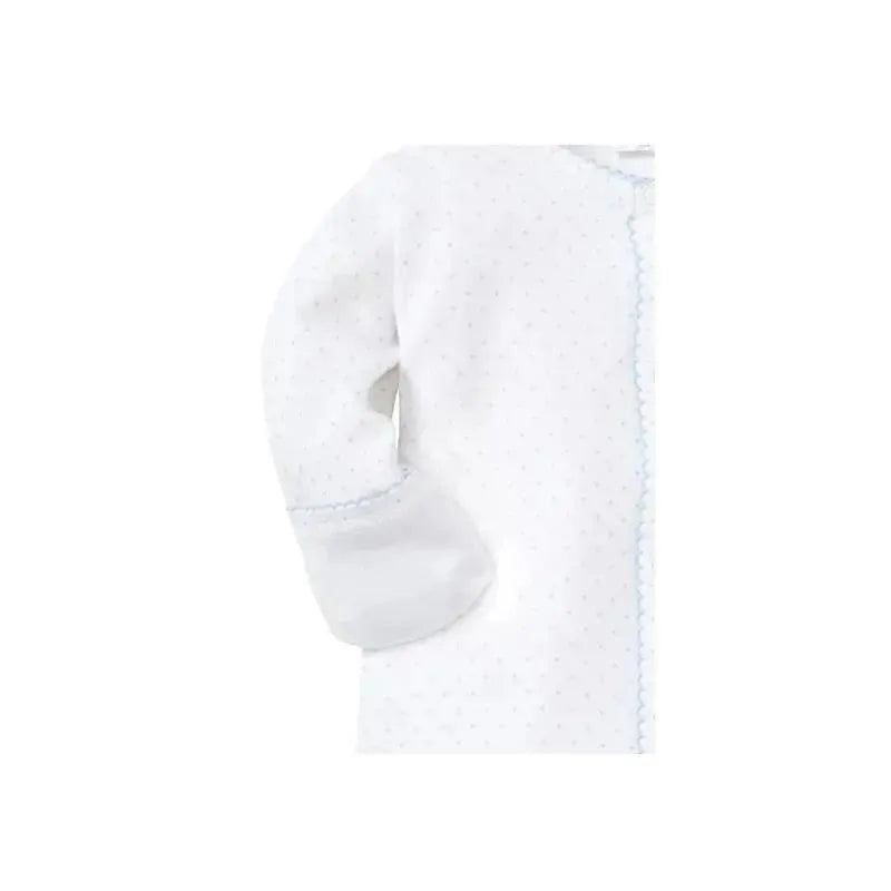 Baby boy footie in white with blue dots and trim, featuring long sleeves and snap closure for easy dressing.
