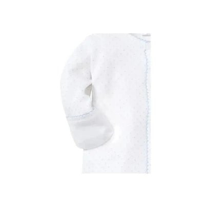 Baby boy footie in white with blue dots and trim, featuring long sleeves and snap closure for easy dressing.