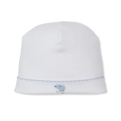 White baby hat with blue hand embroidery featuring a sweet sheep design on the front edge.