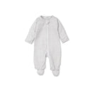 Baby footie in silver with neutral stripes, featuring a front zip and enclosed feet for comfort.