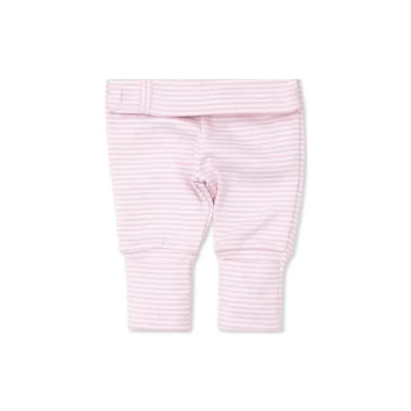 Footed pant set for baby girls in pink with white stripes and an elastic waistband.