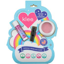 Blush and lip shimmer set featuring a pink blush, raspberry-flavored lip shimmer, and applicator, with a colorful packaging design.