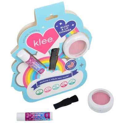 Klee Naturals Cotton Candy Whisper Blush and Lip Shimmer Set, featuring pink blush, raspberry sugar lip balm, and a brush.
