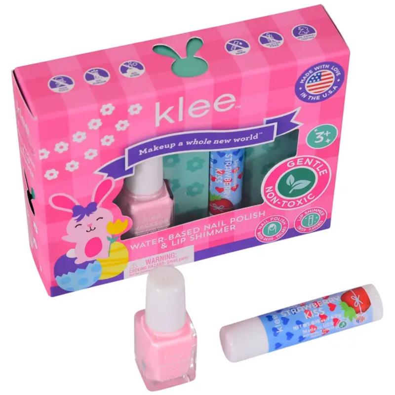 Klee Naturals Hopping Pink Easter Nail Polish and Lip Shimmer Set featuring a pink nail polish bottle, a strawberry lip shimmer, and a decorated packaging.