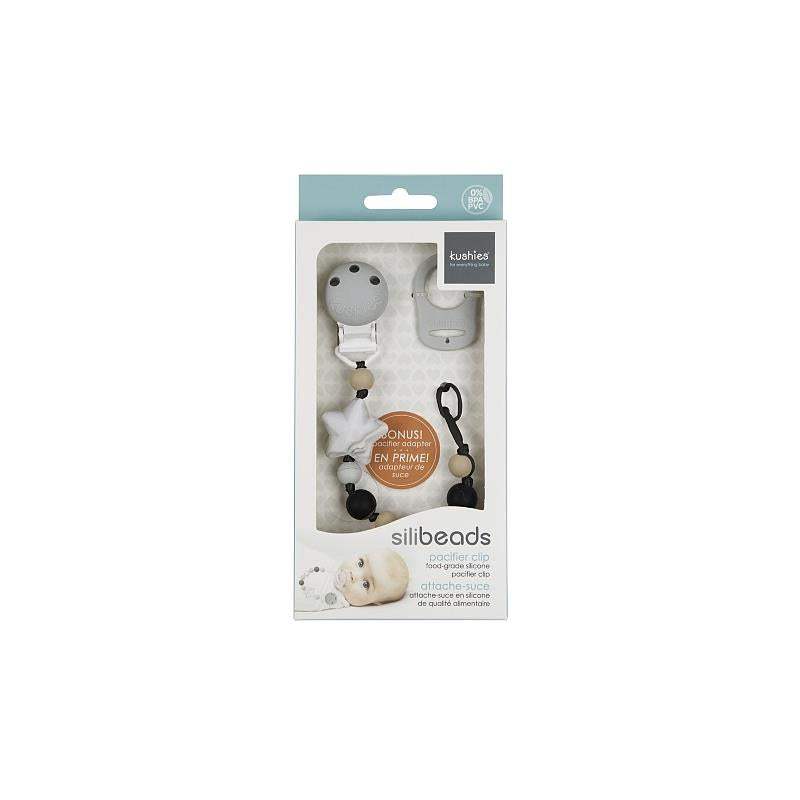 Kushies SiliBead Pacifier Clip featuring a star design, includes a pacifier adapter and a mix of gray, black, and white beads.