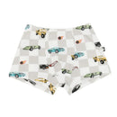 Baby boy briefs featuring colorful car patterns on a light checkered background, designed for comfort and style.