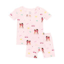 Baby girl short sleeve pajamas featuring Barbie™ beach-themed prints, including girls in swimsuits and summer icons.