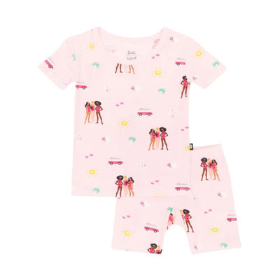 Baby girl short sleeve pajamas featuring Barbie™ beach-themed prints, including girls in swimsuits and summer icons.