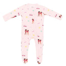 Baby girl zippered footie in pink featuring Barbie™ beach-themed prints, including sun, palm trees, and colorful characters.