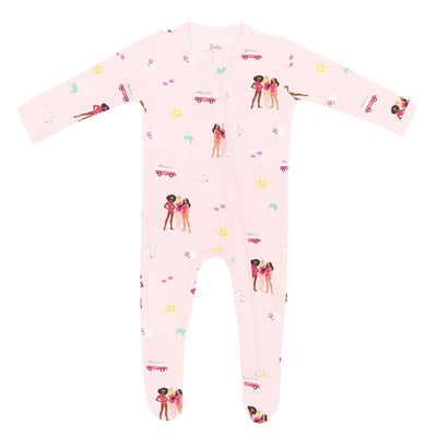 Baby girl zippered footie in pink featuring Barbie™ beach-themed prints, including sun, palm trees, and colorful characters.