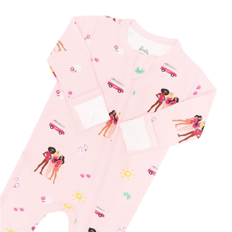 Baby girl zippered footie in pink with Barbie™ beach theme, featuring surf vans, palm trees, and playful character illustrations.